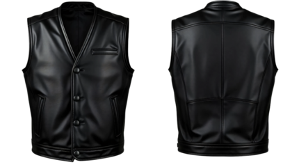 Black leather jacket vest in front and back view, mockup isolated on transparent background