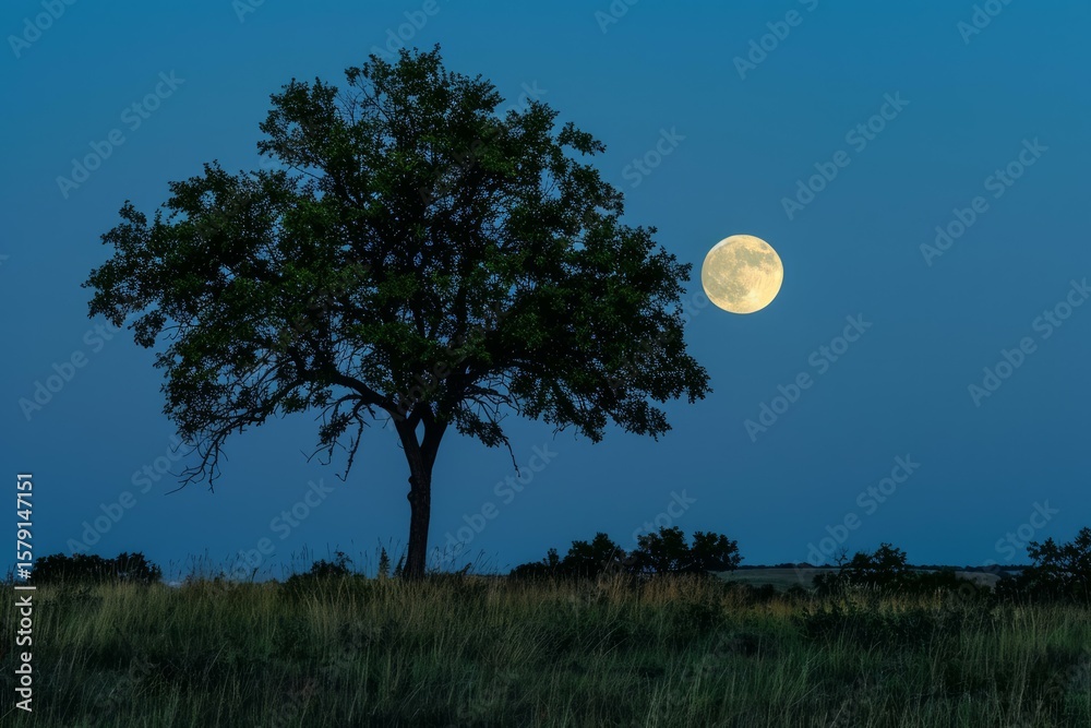 Poster full moon rising over a lonely tree in a field at dusk, creating a peaceful and serene atmosphere