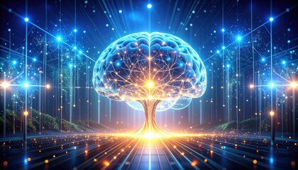 A glowing digital brain merges with a radiant tree, symbolizing the connection between nature and technology in a futuristic, data-driven environment.