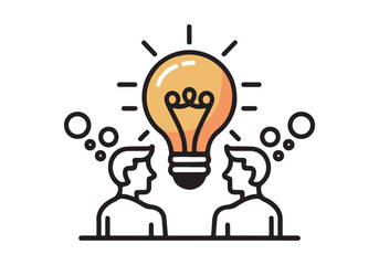 Two people collaborating and sharing ideas with a glowing lightbulb isolated on white background