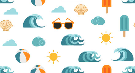 Summer themed pattern with waves sun ice cream beach ball and sunglasses.