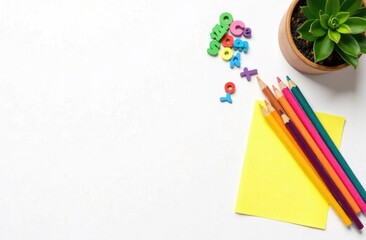 Flat lay composition with school supplies on white background. Frame of colorful stationery. Back top school concept. Top view, overhead.