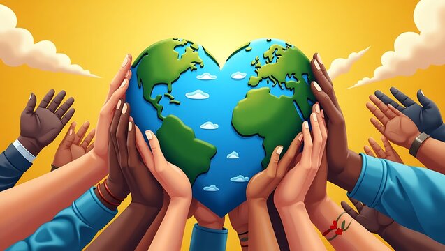 Diverse hands holding a heart shaped planet earth isolated on white background