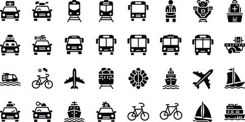 Transportation, vehicle icon set. Vector glyph pictograms of travel, logistics, public transit concepts, car, train, bus, bicycle, boat, and airplane black