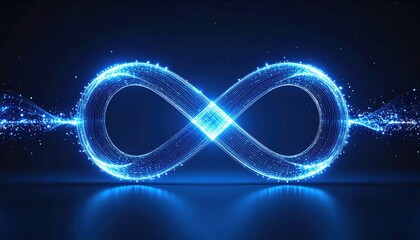 A glowing digital infinity symbol made of blue light particles on a dark background, representing endless possibilities and futuristic technology.