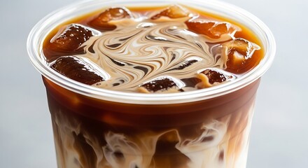 Iced Coffee Drink with Swirled Cream and Ice Cubes in Clear Plastic Cup