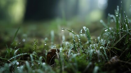 Closeup of green grass blades covered in glistening dew drops in a tranquil field on a dewy morning