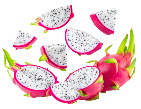Flying Dragon Fruit Composition with Floating Slices, isolated on transparent background