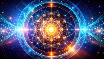 Obraz premium A vibrant digital illustration of an atom-like structure with glowing particles and intricate geometric patterns radiating energy.