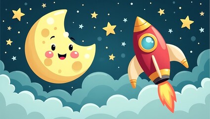Naklejka premium Cute smiling moon and rocket flying through clouds and stars isolated on white background