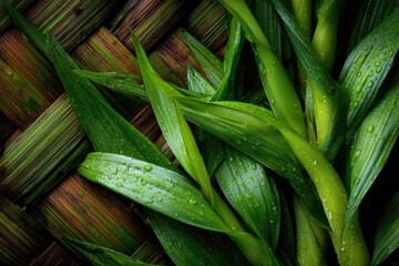 Lush, vibrant green leaves with water droplets rest atop a textured woven brown mat.  The contrast of colors and textures creates a visually appealing image