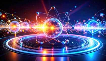 Obraz premium A vibrant digital illustration of glowing atoms with orbiting electrons, representing atomic structure and energy in a futuristic, high-tech style.
