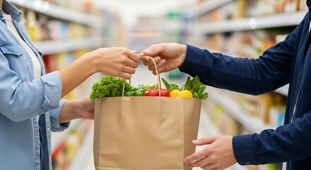 Close-up of a store clerk handing a paper bag filled with fresh vegetables and produce to a customer in a supermarket.