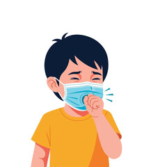 A young boy wearing a face mask coughs, showing symptoms of illness.