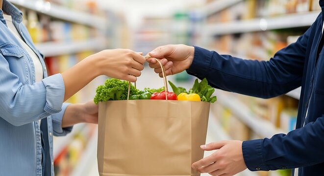 Close-up of a store clerk handing a paper bag filled with fresh vegetables and produce to a customer in a supermarket.