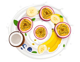 Creative Floating Composition of Exotic Fruits and Milk Splash, PNG on Transparent Background