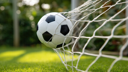 Soccer ball in net goal scoring competition game sport equipment grass field outdoors match victory