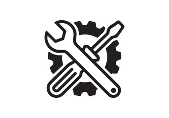 Black silhouette icon of a wrench and screwdriver crossed over a gear isolated on white background