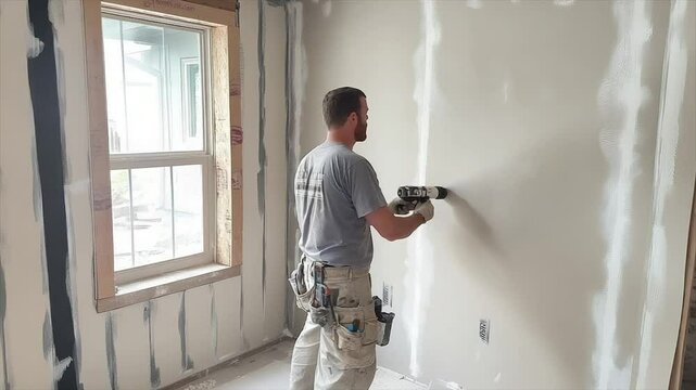 Construction worker applying drywall compound to a wall in a new home.  A window is visible