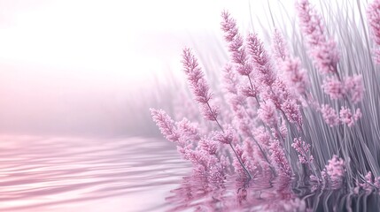 Soft pink lavender blossoms touch serene water under the delicate morning sunlight glow today