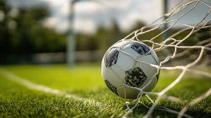 Soccer ball in net goal sports game football field green grass match competition victory championship 100