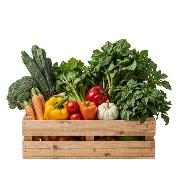 Freshly harvested organic vegetables displayed in a rustic wooden crate showcase healthy eating with colorful peppers, broccoli, carrots, and various greens, transparent background