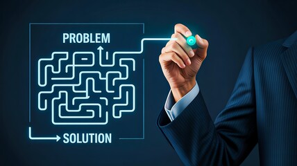 Problem solving business concept with maze and path from problem to solution drawn by businessman
