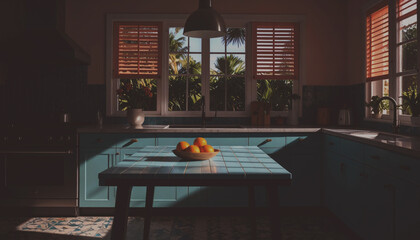 Light streams through the shutters and falls onto the mint green kitchen table.