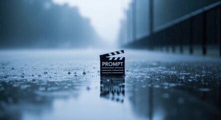 Cinematic Rainy Day Film Clapperboard on Wet Pavement Scene Production Slate