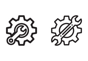 Two line art icons of a wrench and gear symbolizing service and repair isolated on white background