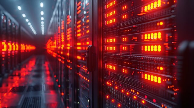 Server racks flashing red lights in modern data center