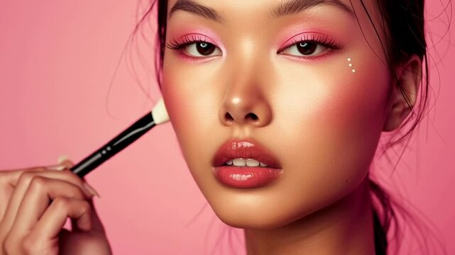 Chic young woman with top fashion makeup is making up with a cosmetics brush. Applying makeup. Beautiful young female model with perfect skin preparing for a photo shoot for a fashion glossy magazine