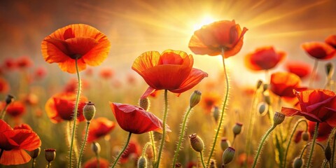 Fototapeta premium Golden Hour Poppies A Field of Vibrant Blooms Bathed in Warm Sunlight