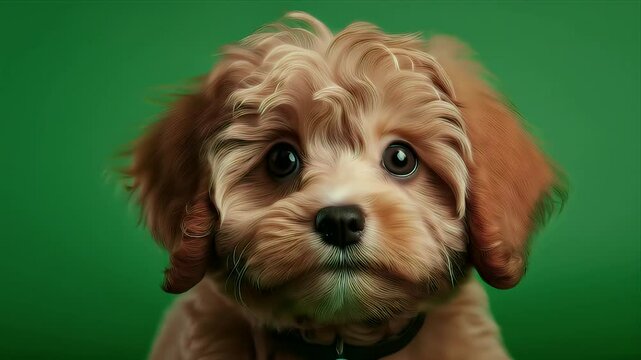 Close-up of a fluffy, adorable puppy against a green backdrop