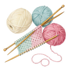 Watercolor painting of knitting supplies isolated on transparent background  
