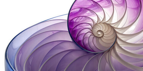 Close up of a nautilus shell showing its intricate spiral chambers and purple gradient isolated on transparent background