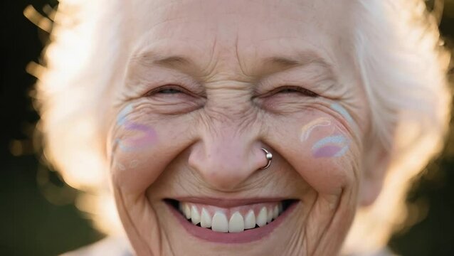 Primer plano de una anciana con su rostro marcado por el tiempo y suavizado por la sabiduría. 