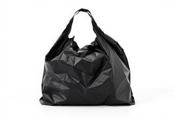 A crumpled black plastic shopping bag against a stark white backdrop,  environmental,  texture