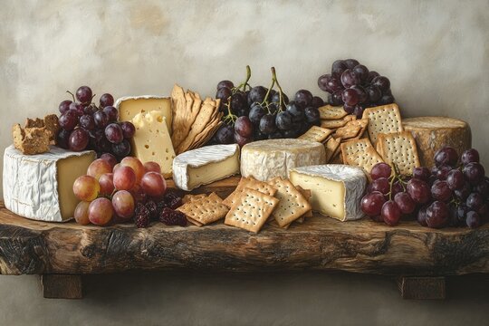 A rustic wooden board laden with assorted cheeses, grapes, and crackers, creating a delectable and visually appealing spread.