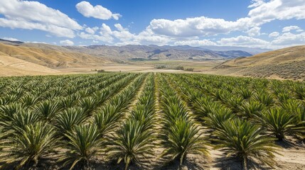 Rows of young date palm trees in a valley under a partly cloudy sky