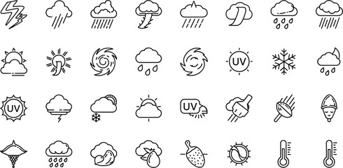 Weather, Climate line icon set. Vector pictograms of storm, rain, thunderstorm, snow, hurricane forecast, UV index, hail, thermometer thin 