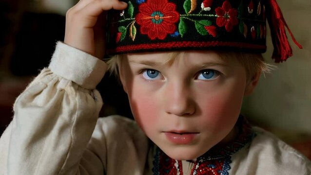 Un niño noruego de cabello rubio platino y mejillas sonrojadas, lleva un gorro tradicional de Bunad de Telemark