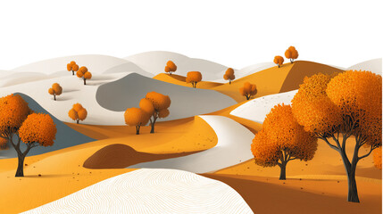 Desert Landscape with Orange Sand Dunes and Sparse Trees on Transparent Background