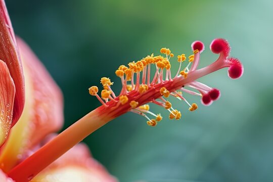 Macro close up of hibiscus flower pistil showing stigma, style, pollen, and pollen tubes