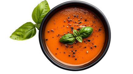 Fresh Tomato Soup with Basil and Black Pepper on Transparent Background