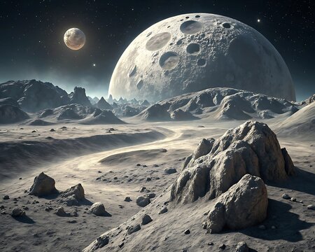 Vast alien moonscape with craters and a distant planet in starry sky isolated on white background