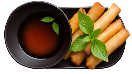 Delicious Spring Rolls with Sweet Dipping Sauce and Fresh Basil Leaves on Black Plate on Transparent Background