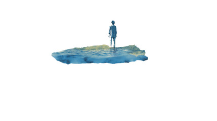 Lonely Figure on an Island in Watercolor - Solitude and Reflection Concept on Transparent Background