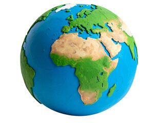 Handmade Realistic Clay Globe with Blue Oceans and Green Continents, Front View PNG on Transparent Background