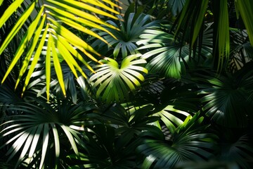 Obraz premium Vibrant green palm leaves create a captivating tropical scene, illuminated by dappled sunlight